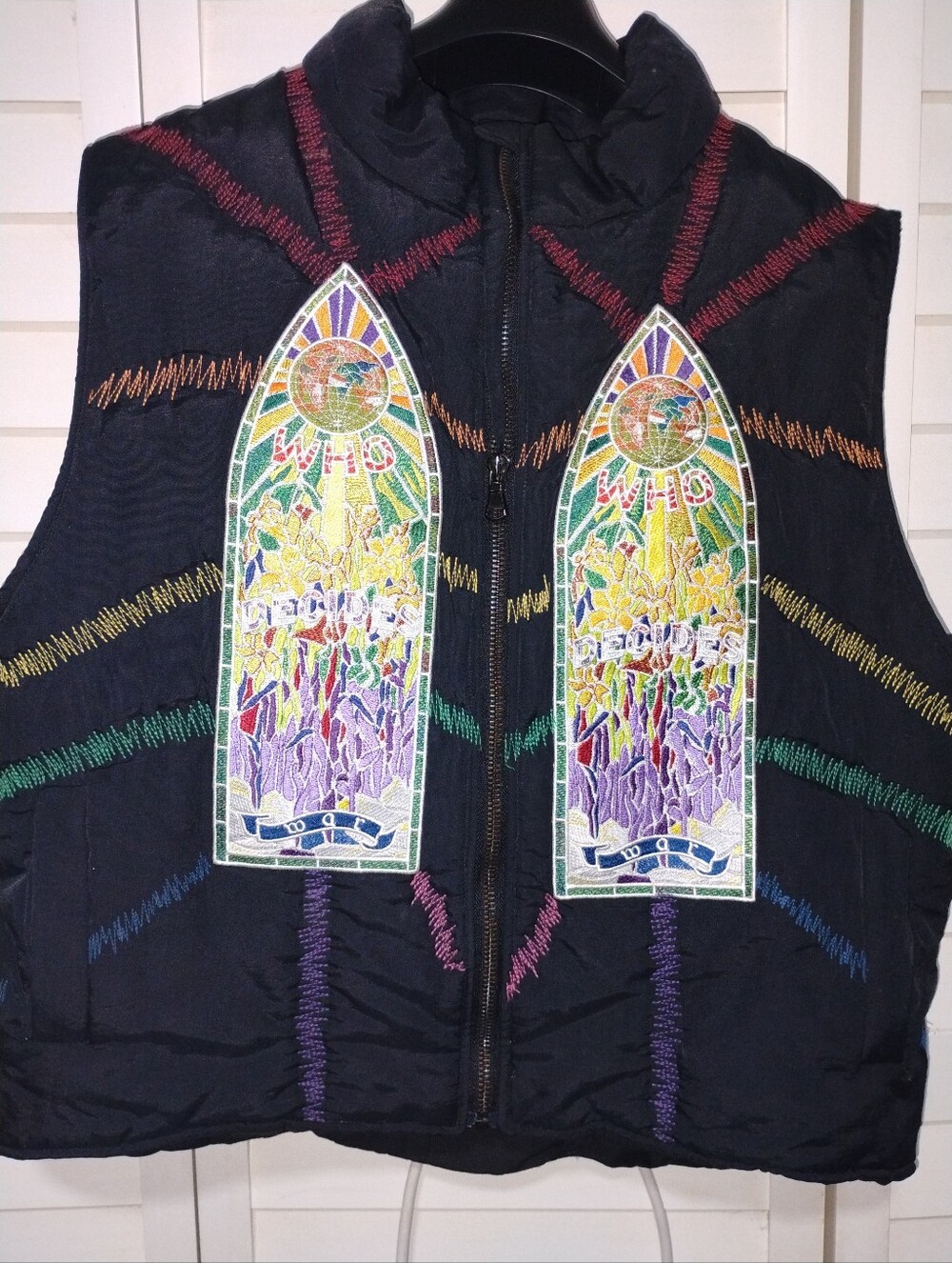 Black Who Decides War Embroidered Stained-Glass Panel Puffer Vest